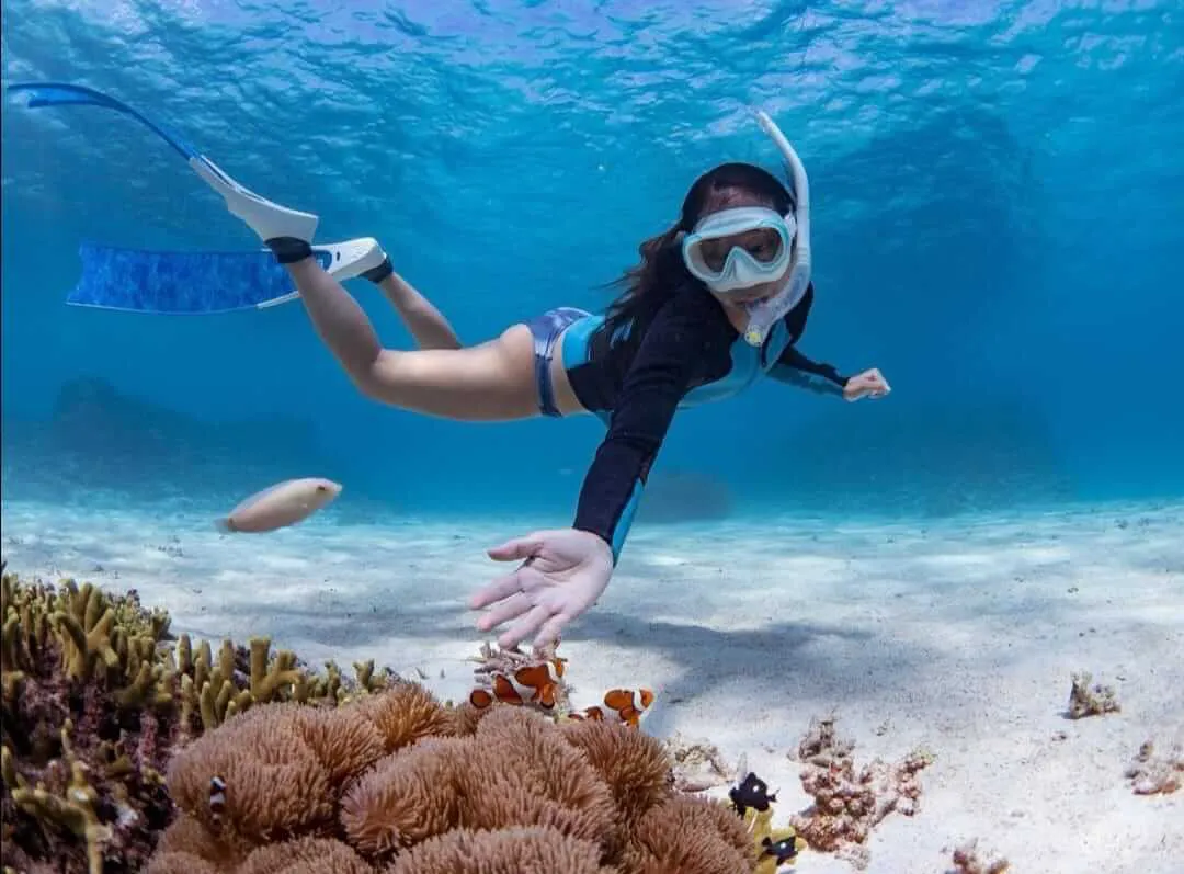 Mujer buceando bajo el agua mostrando dos peces payaso | Cancun Snorkeling
