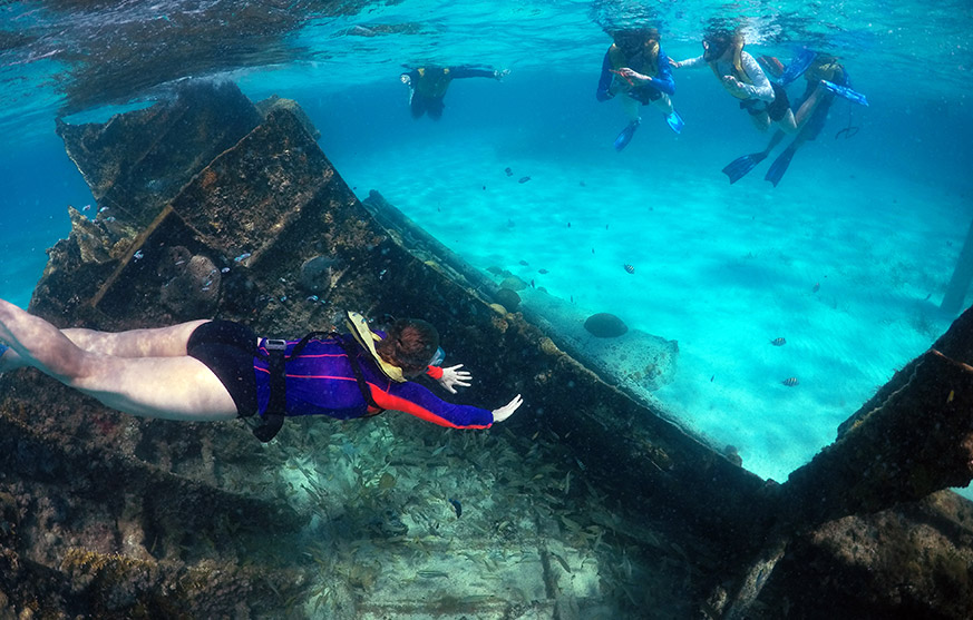 Group of snorkelers approaching to a piece of sunken shi